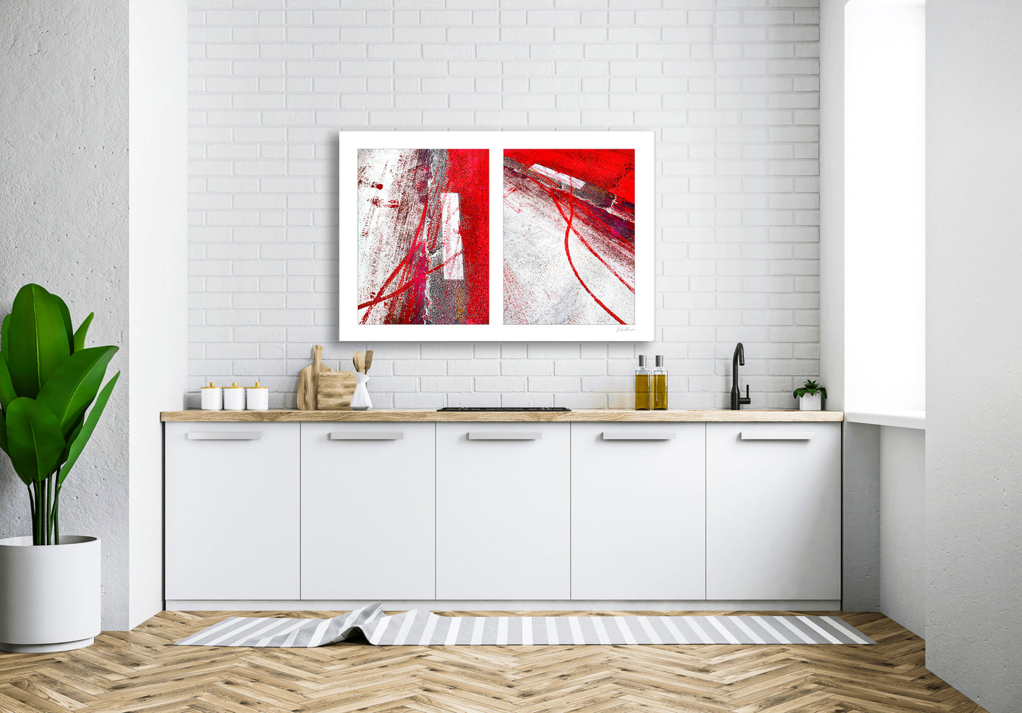 Abstract photograph diptych of red tire tracks and white lines