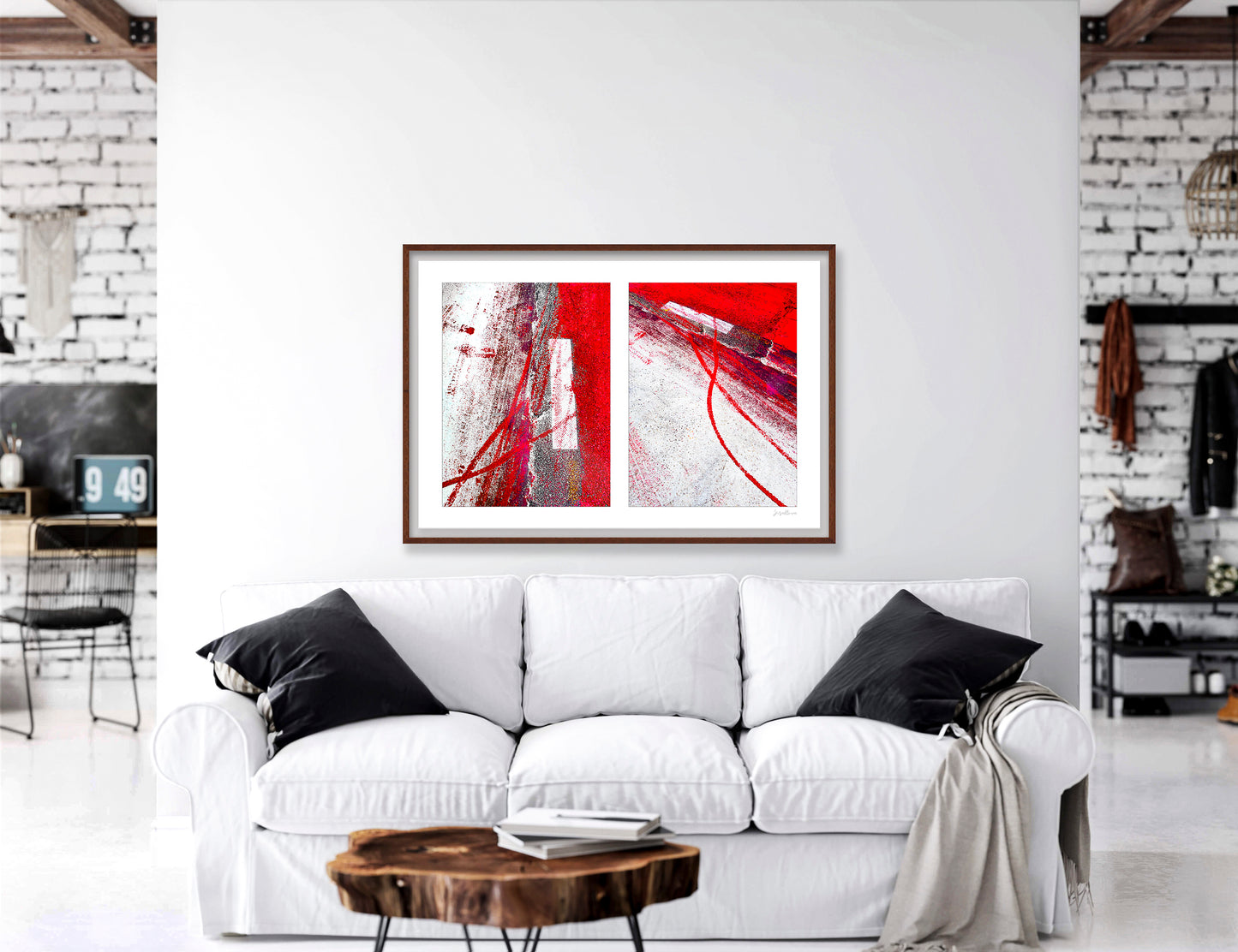 Abstract photograph diptych of red tire tracks and white lines