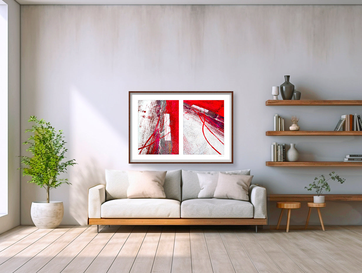 Abstract photograph diptych of red tire tracks and white lines