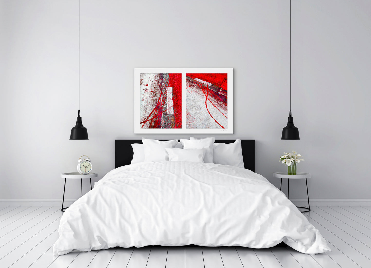 Abstract photograph diptych of red tire tracks and white lines