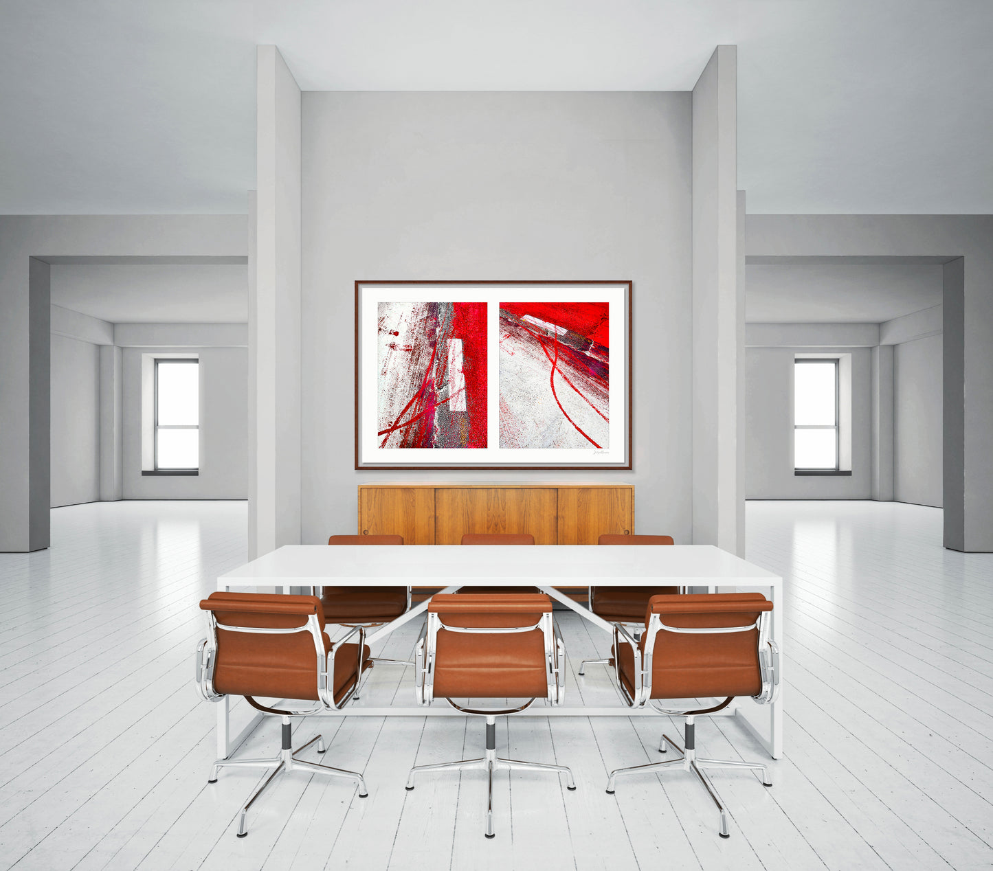 Abstract photograph diptych of red tire tracks and white lines