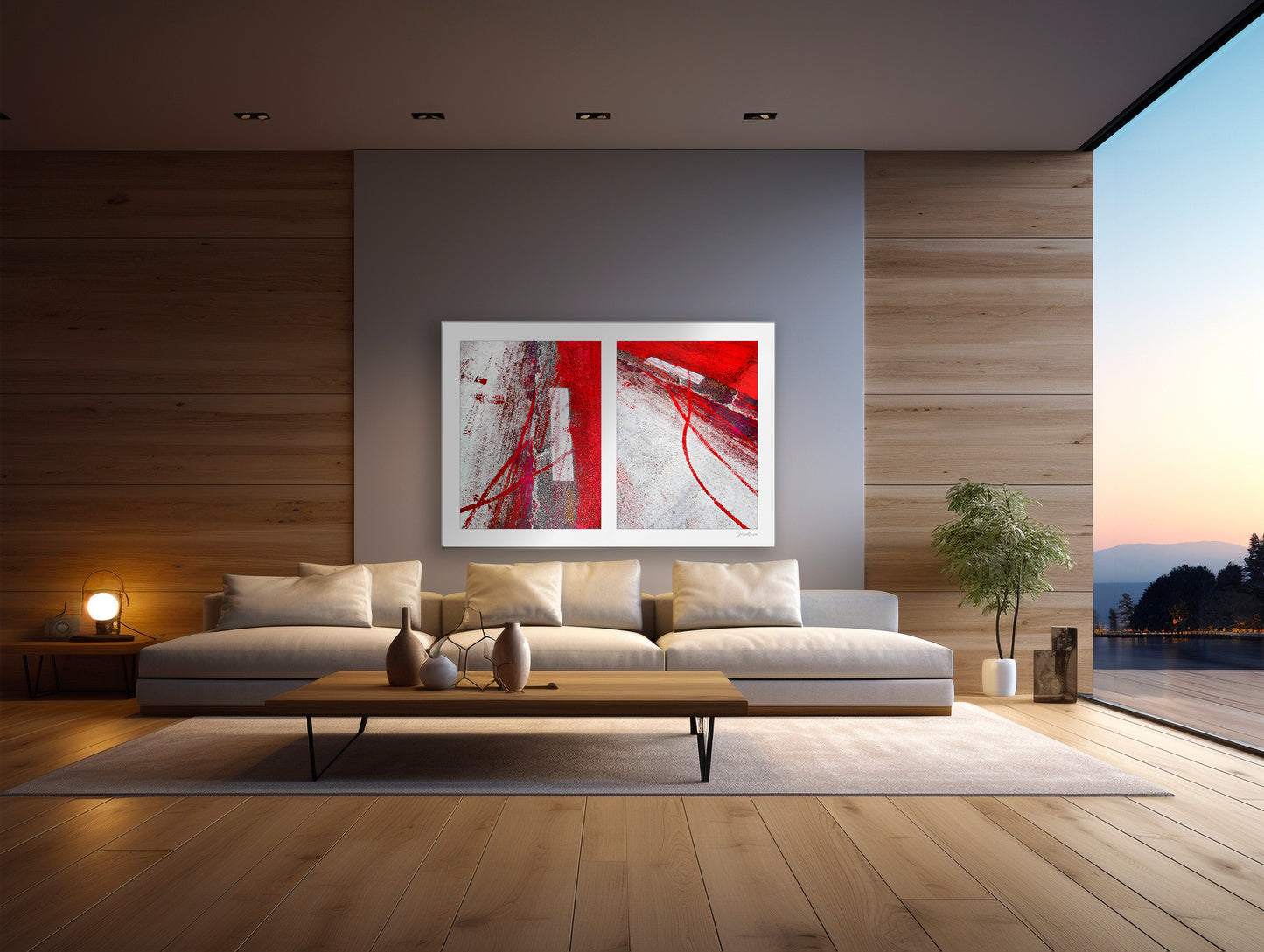 Abstract photograph diptych of red tire tracks and white lines
