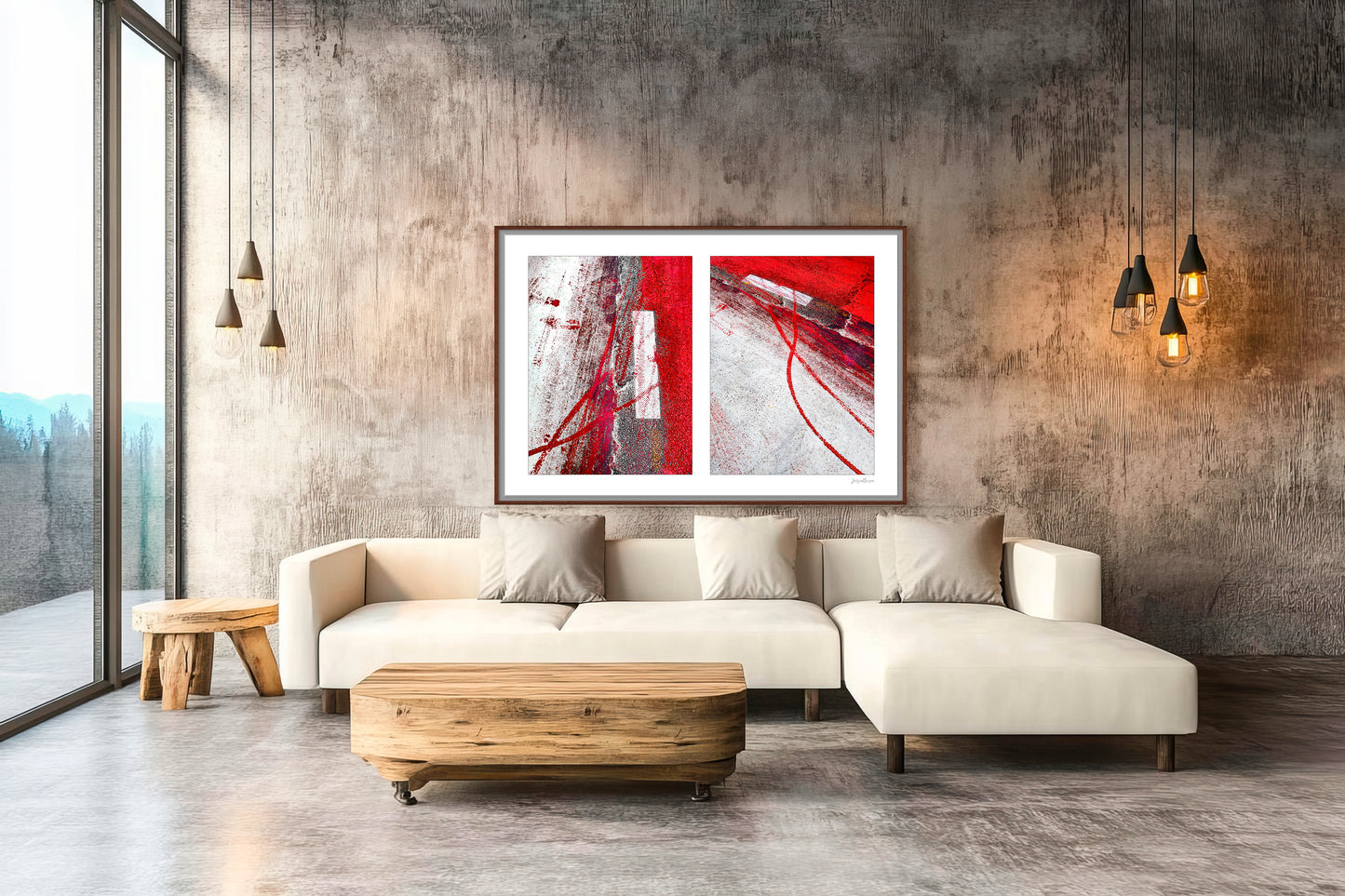 Abstract photograph diptych of red tire tracks and white lines