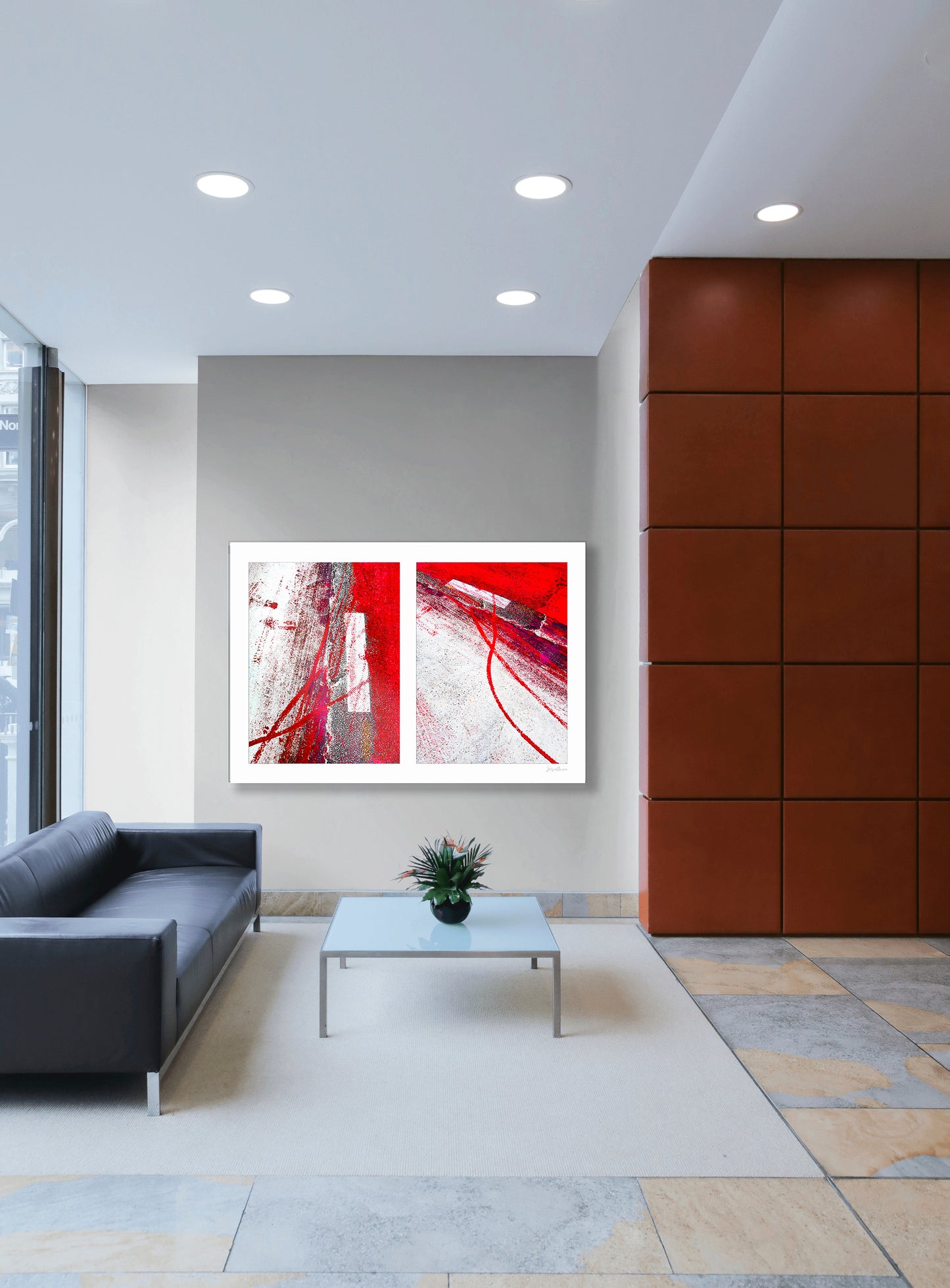 Abstract photograph diptych of red tire tracks and white lines