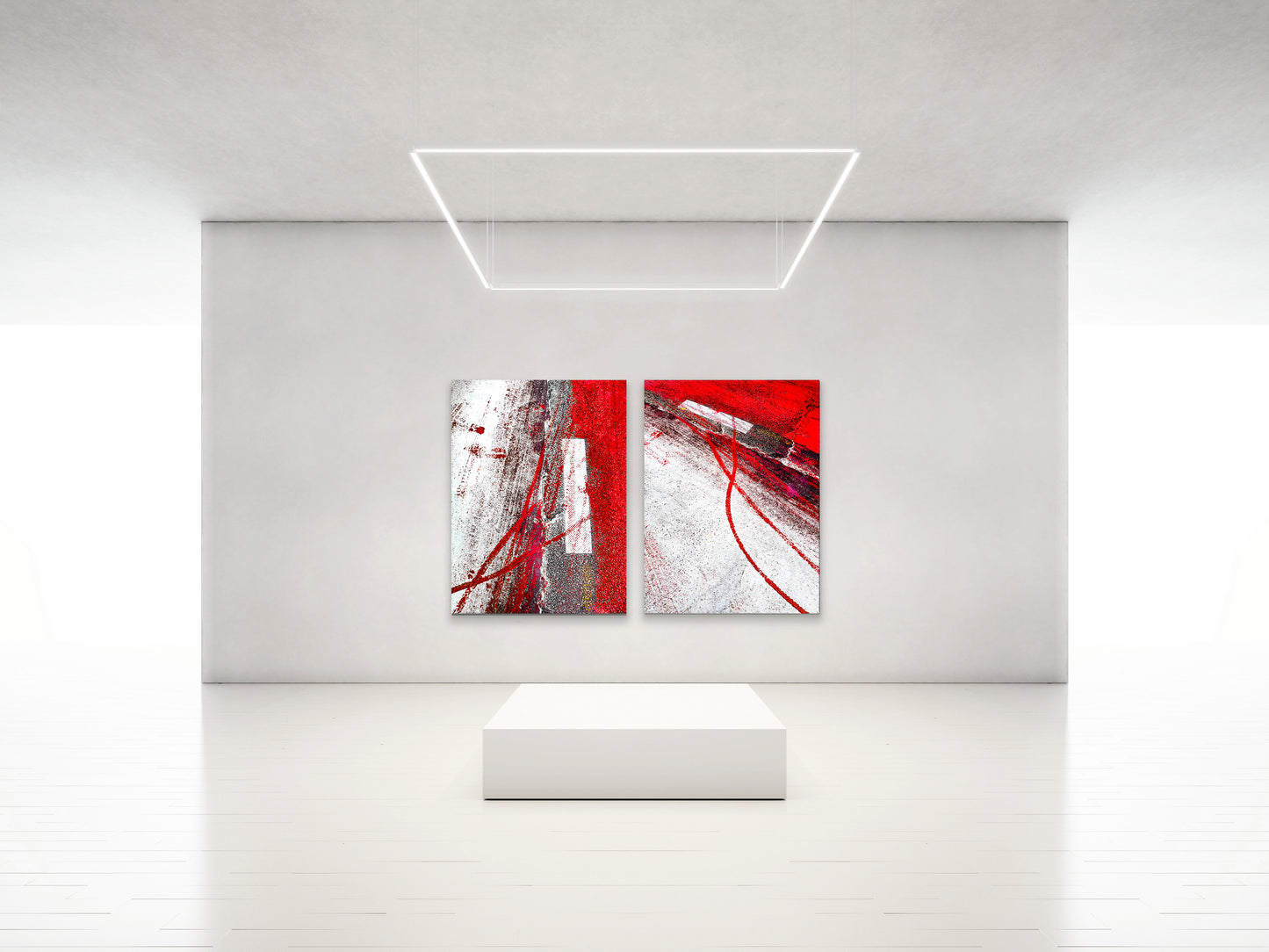 Abstract photograph diptych of red tire tracks and white lines