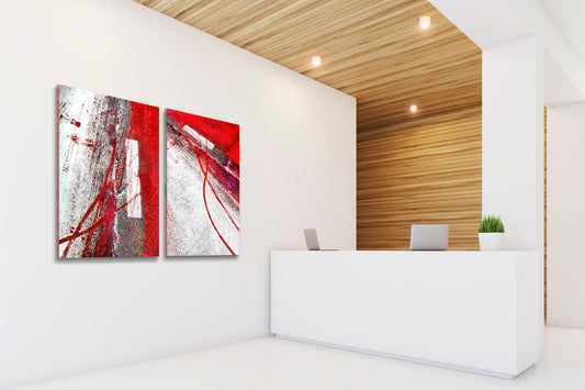 Abstract photograph diptych of red tire tracks and white lines