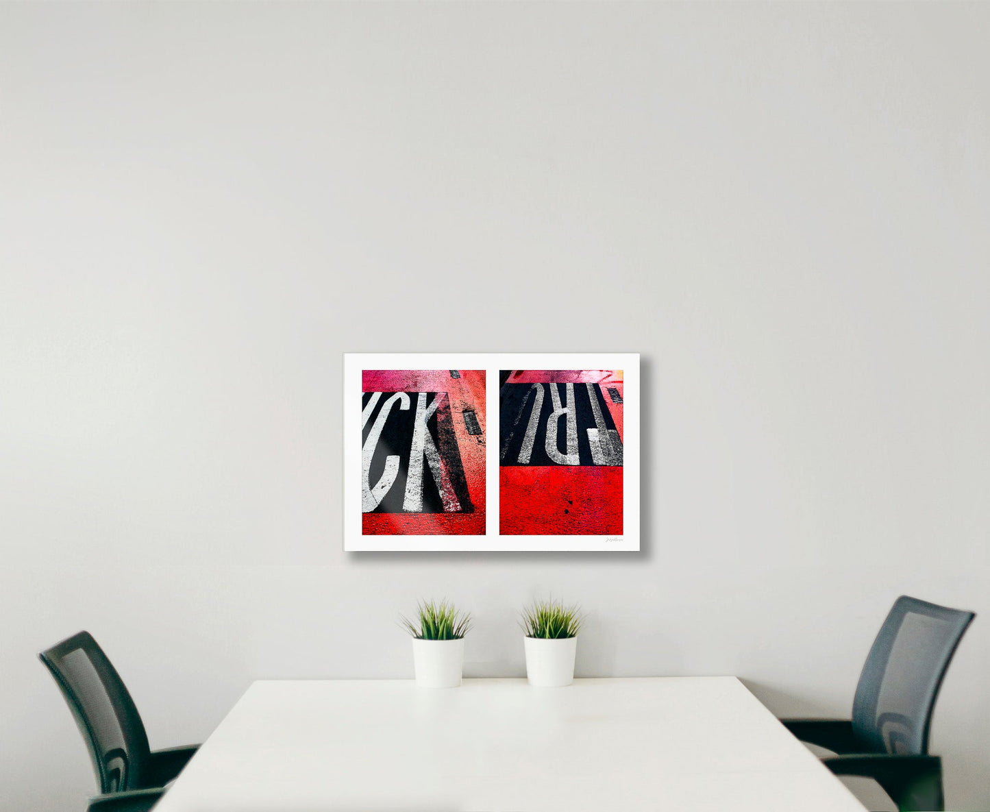Abstract photograph diptych of red road markings