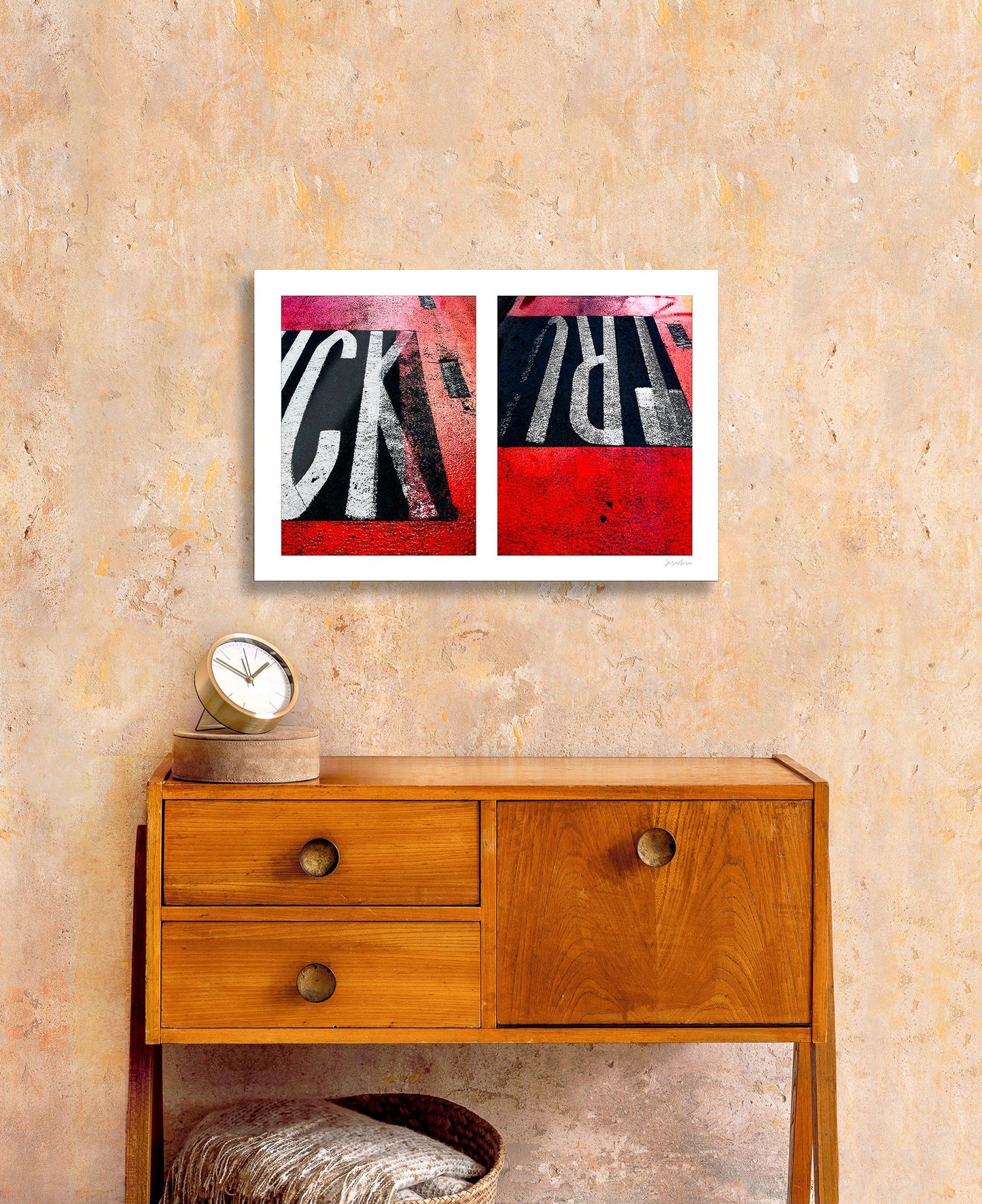 Abstract photograph diptych of red road markings