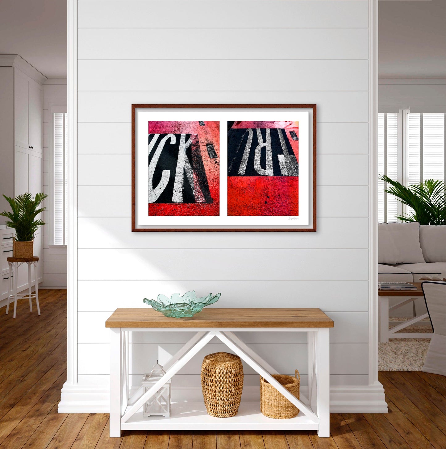 Abstract photograph diptych of red road markings