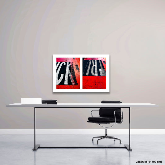 Truck Only Abstract artwork by Susan Bowen, shown as 24x36 print. Features close-cropped street lettering fragments over red and black asphalt — a graphic abstract diptych from NYC bus lanes.