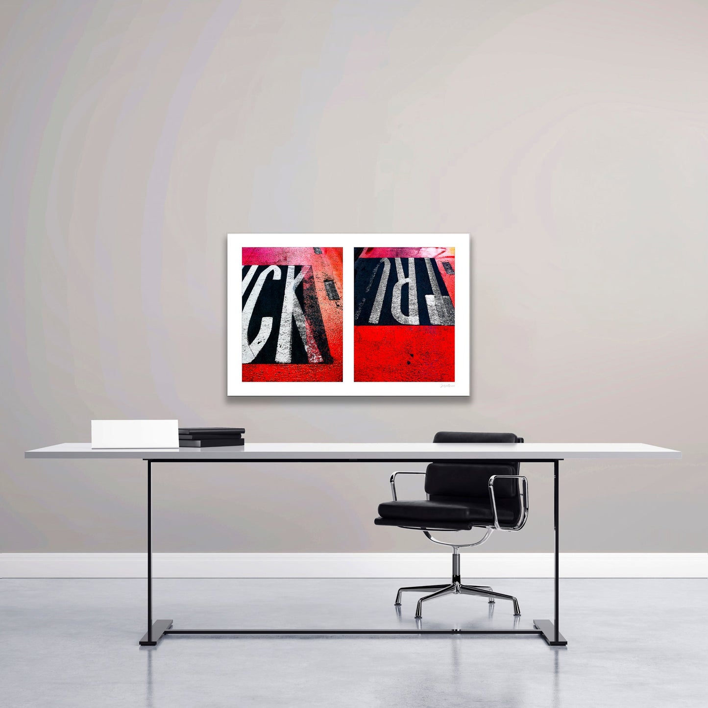 Abstract photograph diptych of red road markings