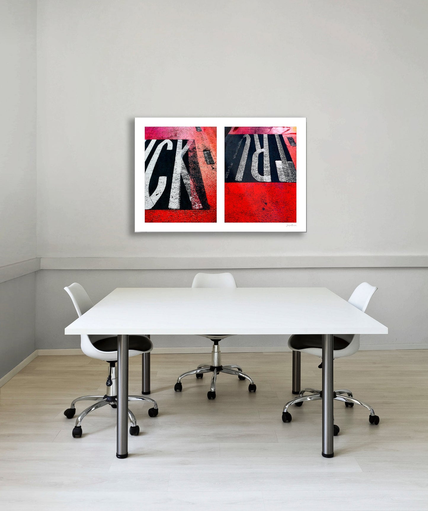 Abstract photograph diptych of red road markings