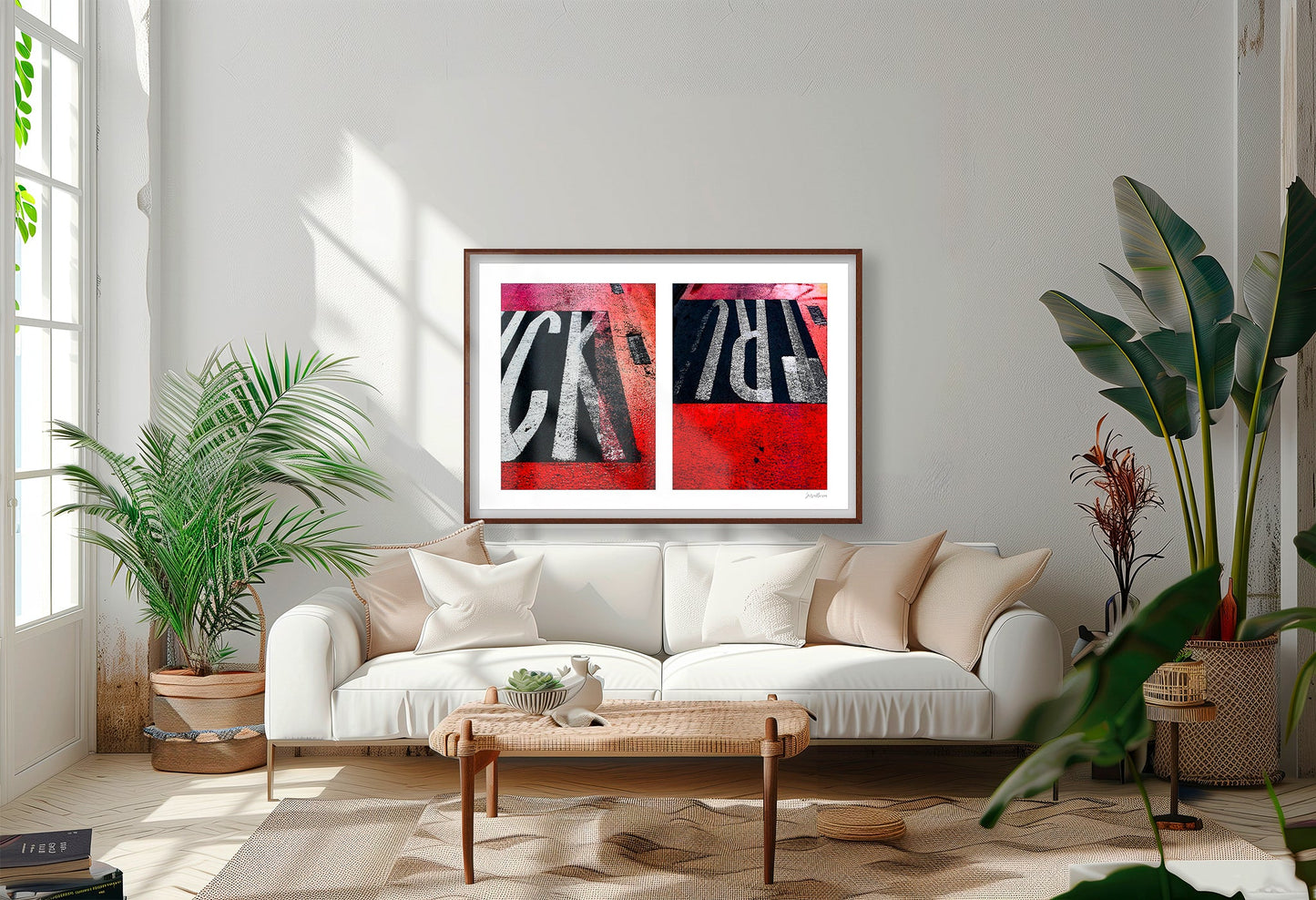 Abstract photograph diptych of red road markings