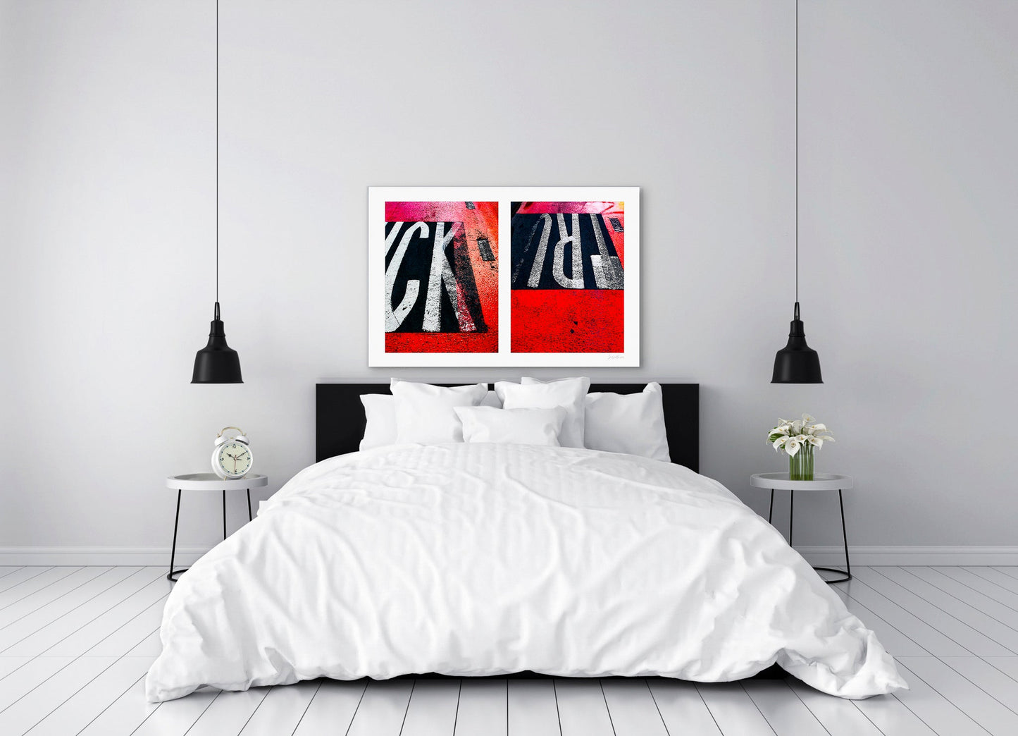 Abstract photograph diptych of red road markings