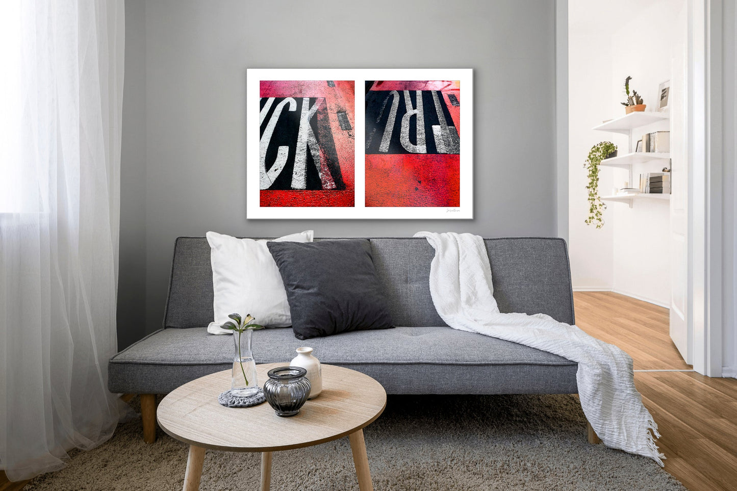 Abstract photograph diptych of red road markings