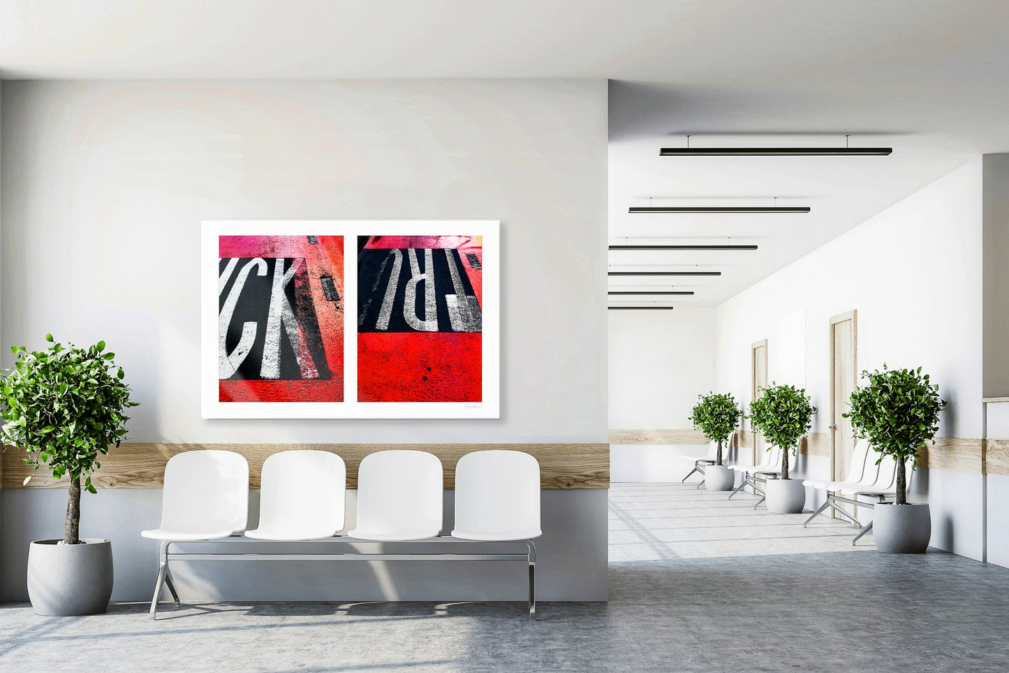 Abstract photograph diptych of red road markings