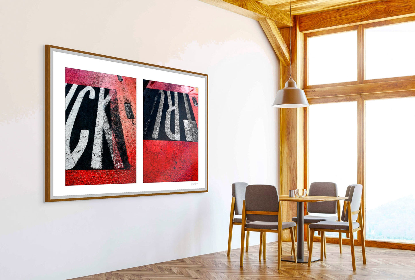 Abstract photograph diptych of red road markings