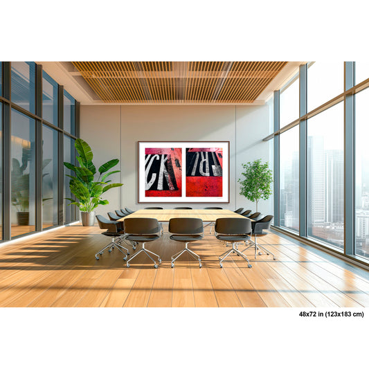 Truck Only Abstract artwork by Susan Bowen, shown as 48x72 framed print. Features close-cropped street lettering fragments over red and black asphalt — a graphic abstract diptych from NYC bus lanes.