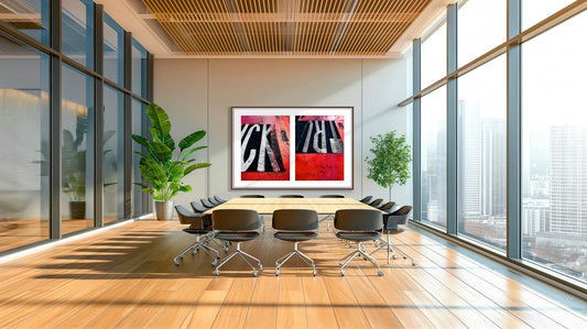 Abstract photograph diptych of red road markings