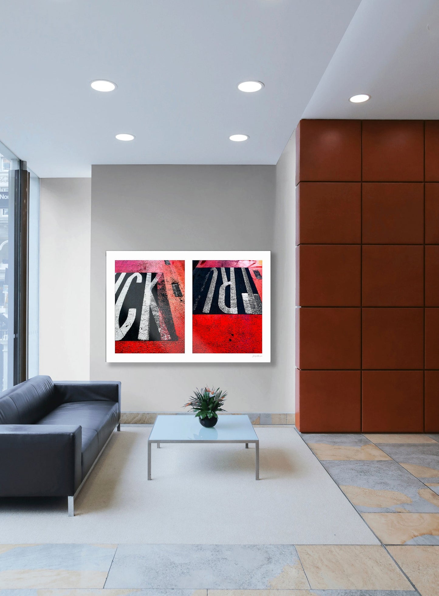 Abstract photograph diptych of red road markings