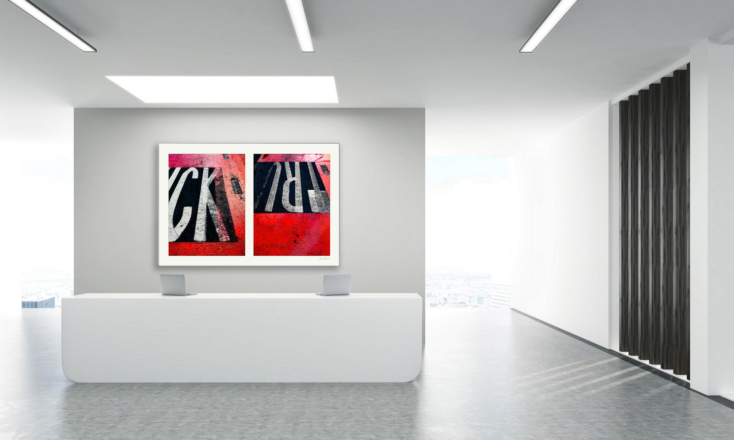 Abstract photograph diptych of red road markings