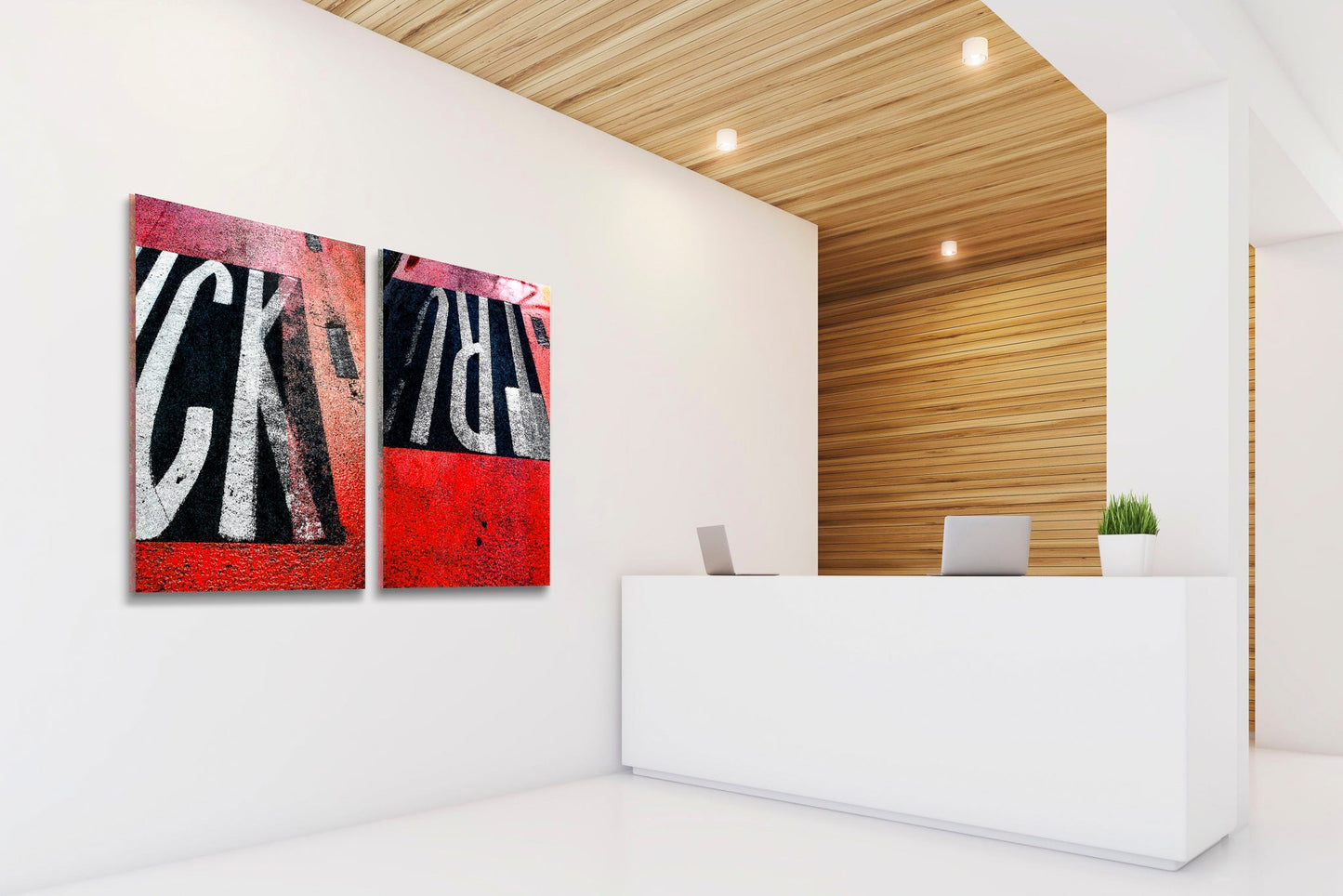 Abstract photograph diptych of red road markings