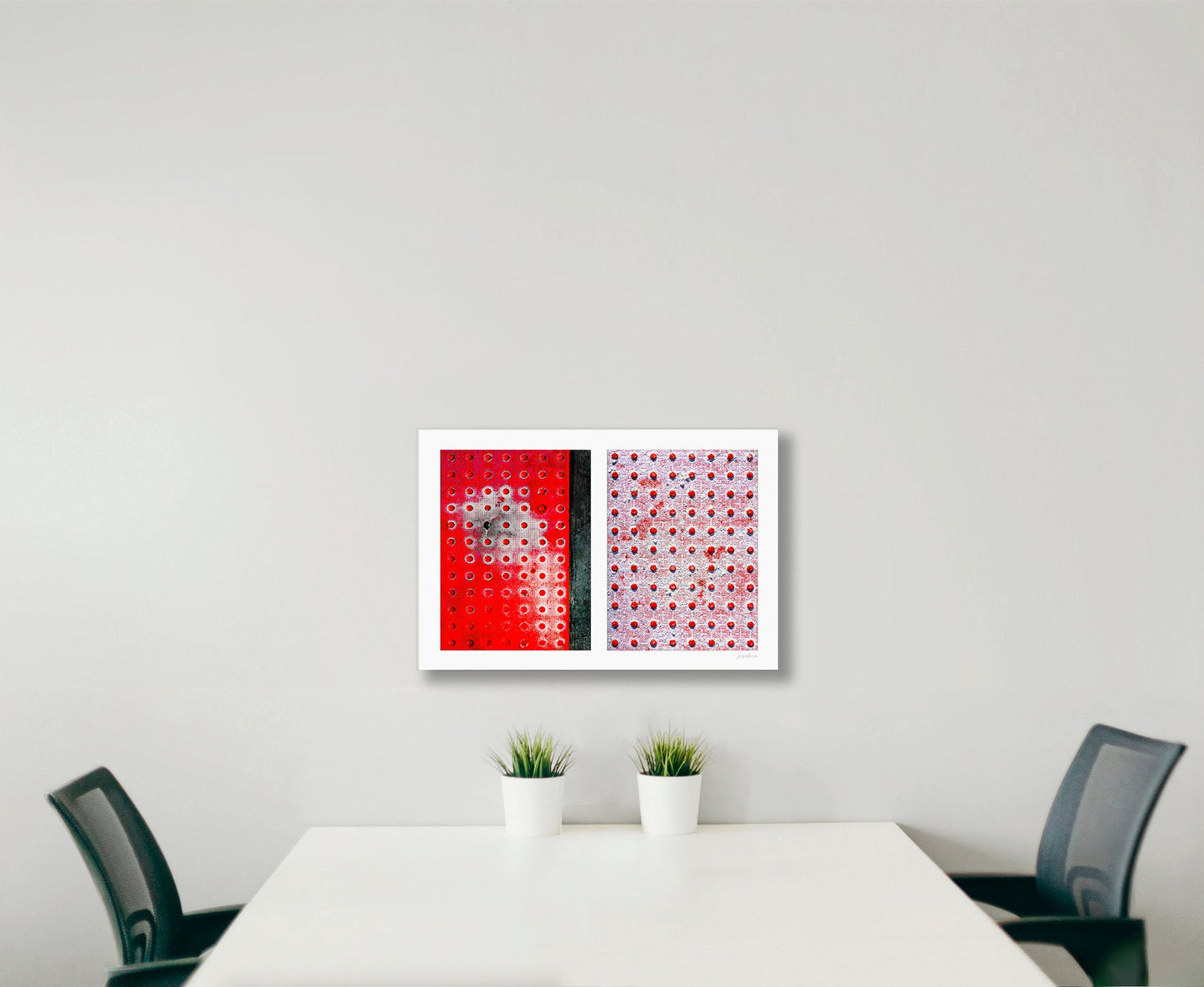 Abstract photograph diptych of red pedestrian safety dots