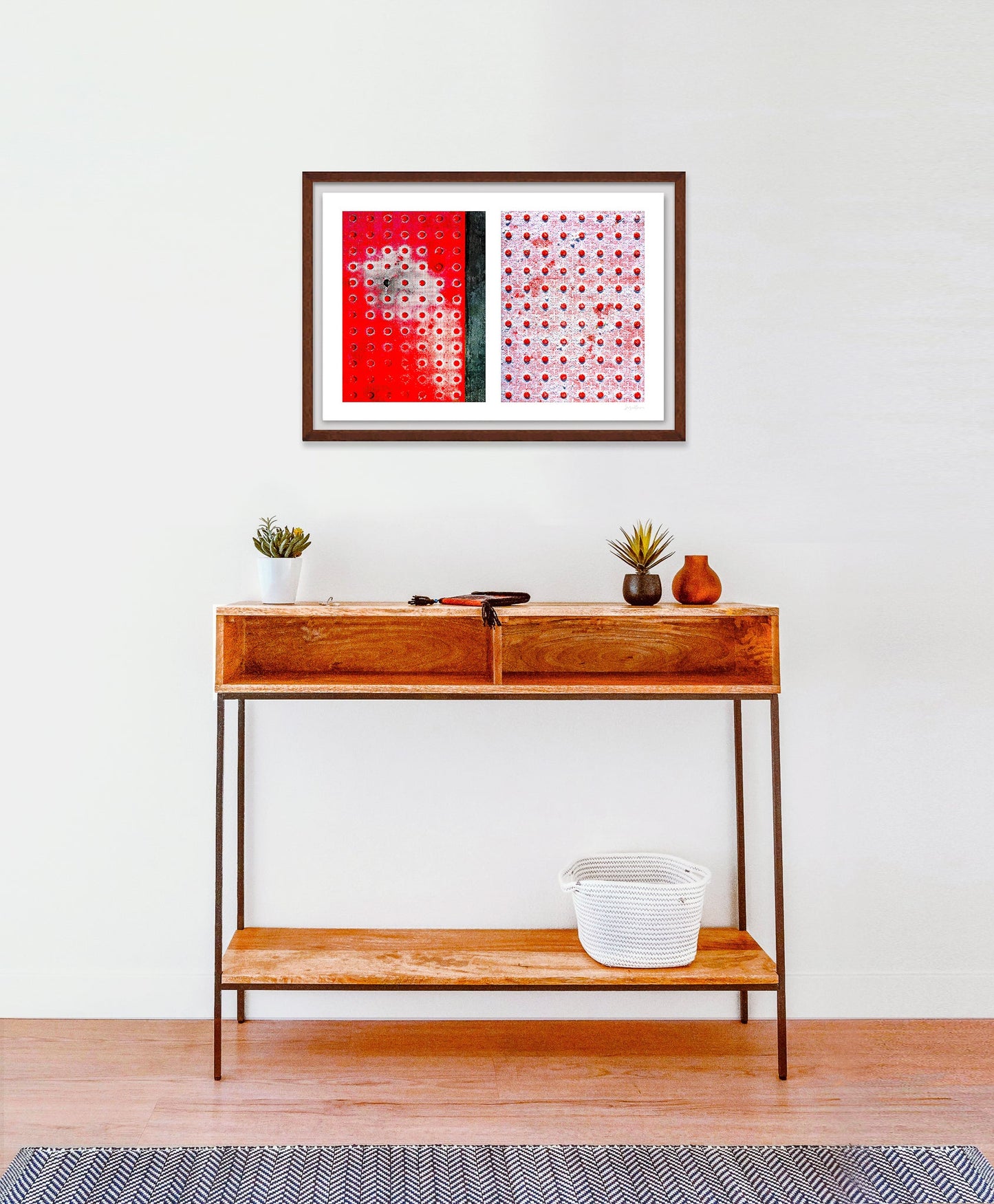 Abstract photograph diptych of red pedestrian safety dots