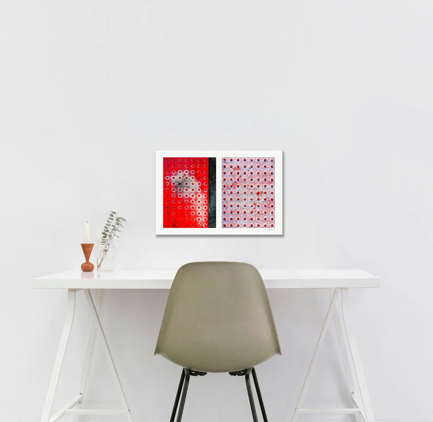 Abstract photograph diptych of red pedestrian safety dots