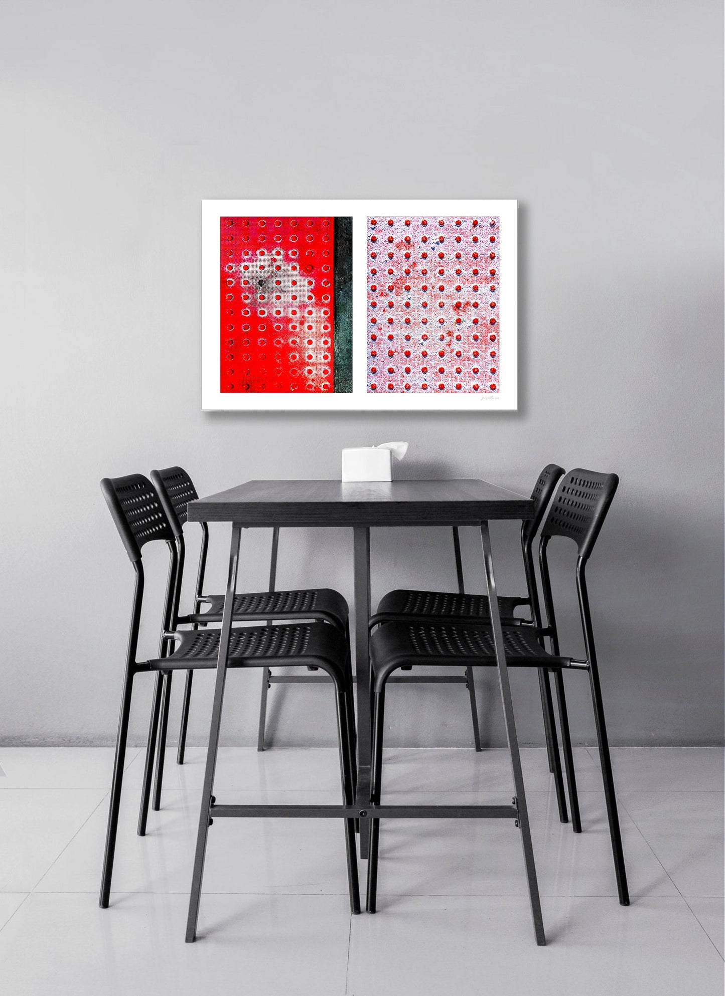 Abstract photograph diptych of red pedestrian safety dots