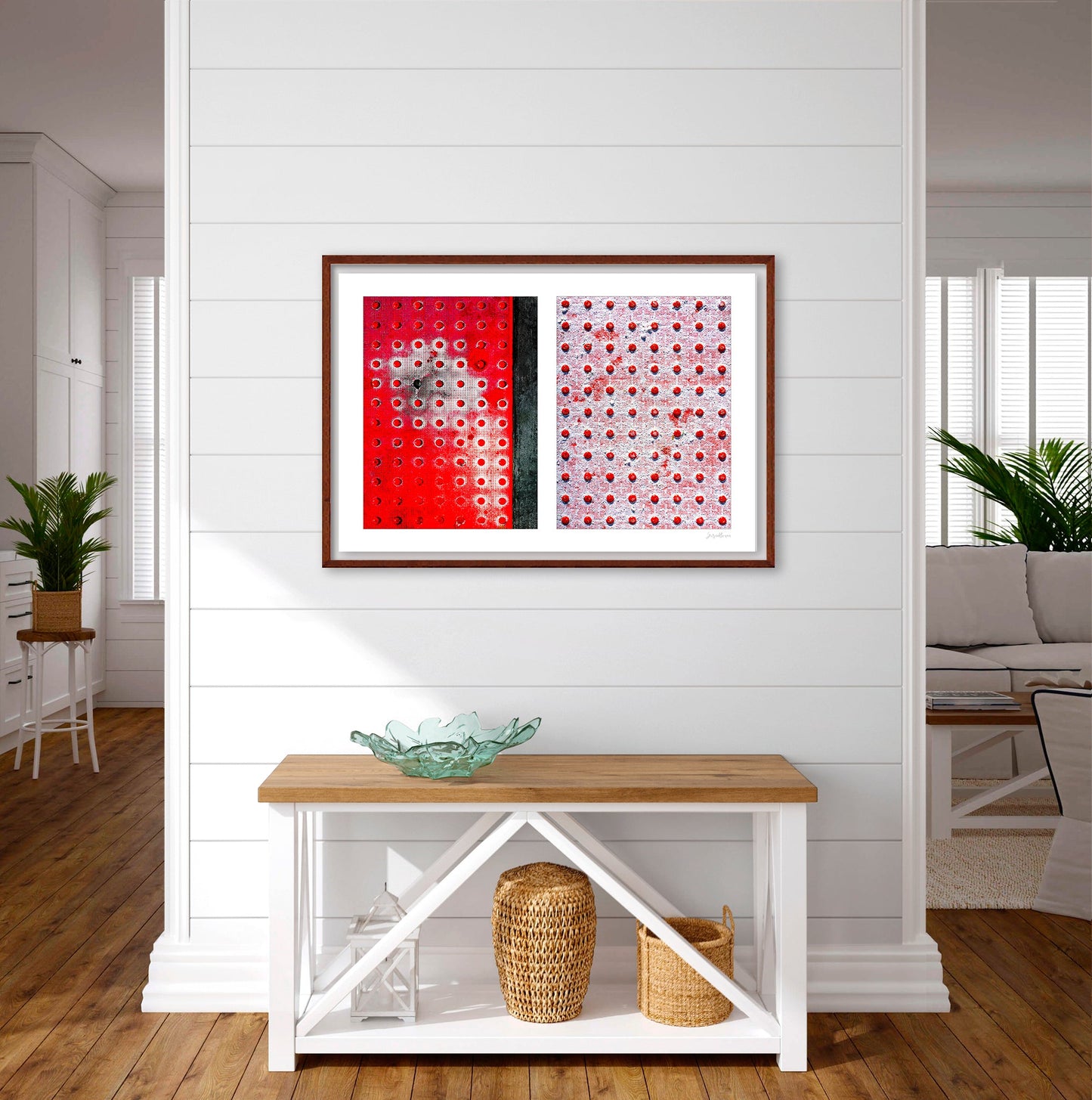 Abstract photograph diptych of red pedestrian safety dots