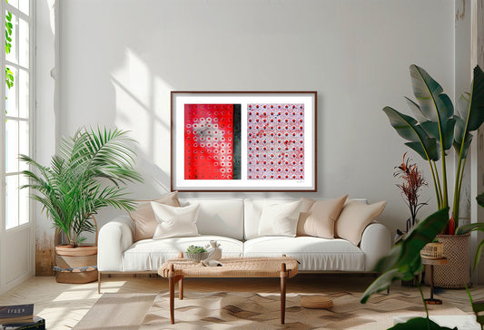 Abstract photograph diptych of red pedestrian safety dots