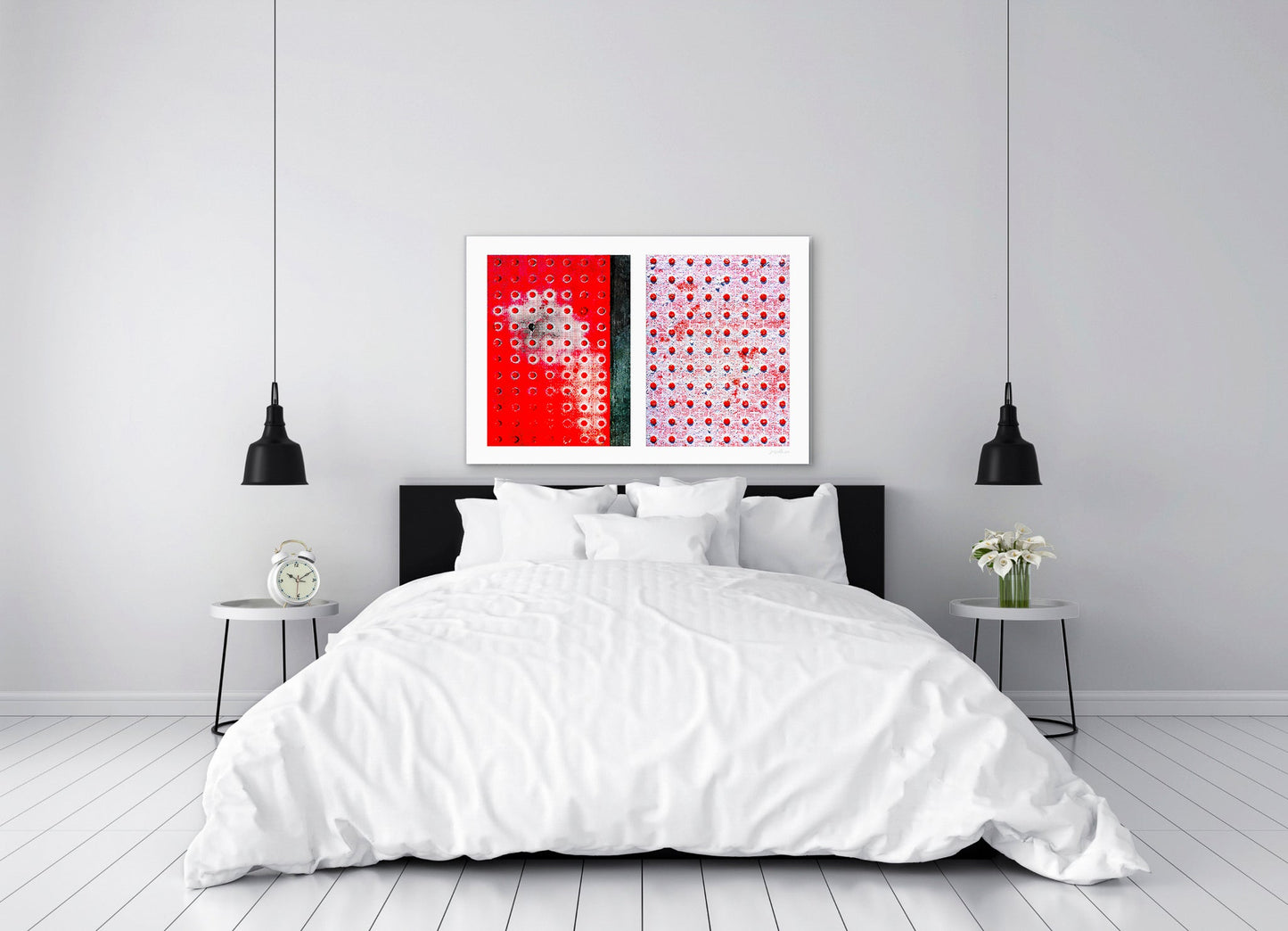 Abstract photograph diptych of red pedestrian safety dots