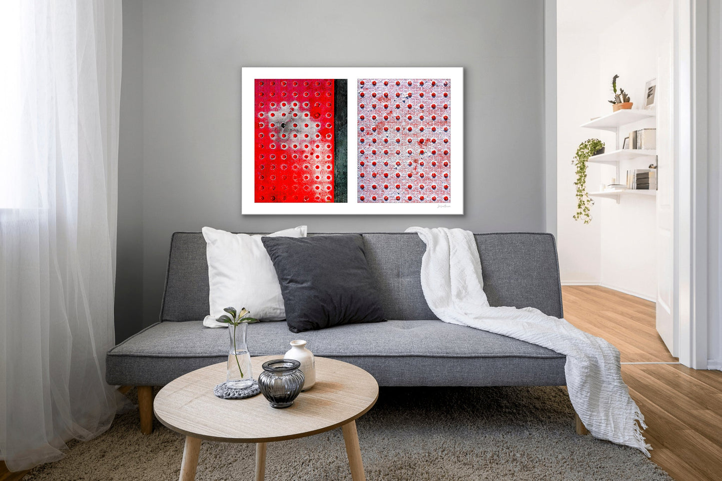 Abstract photograph diptych of red pedestrian safety dots