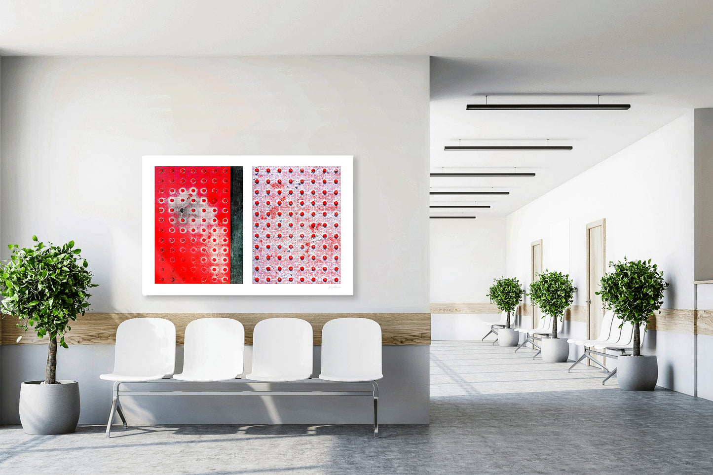 Abstract photograph diptych of red pedestrian safety dots