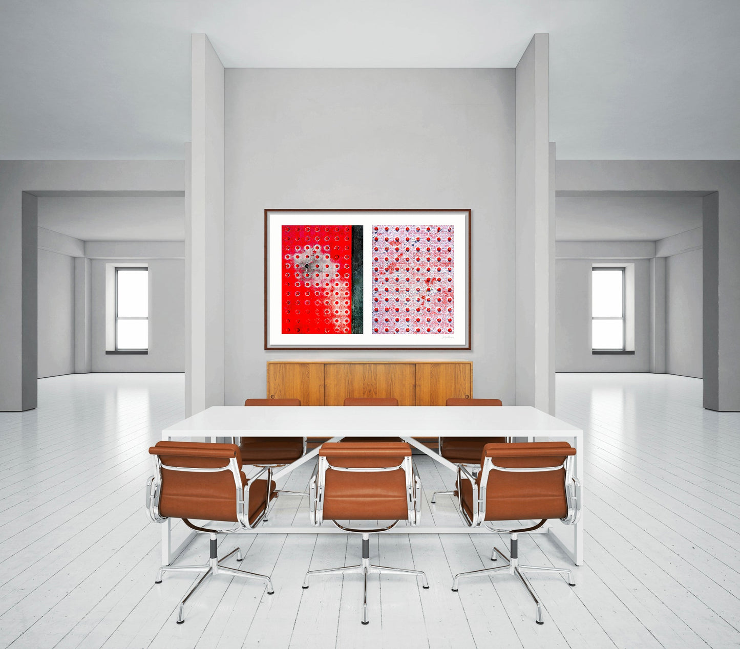 Abstract photograph diptych of red pedestrian safety dots