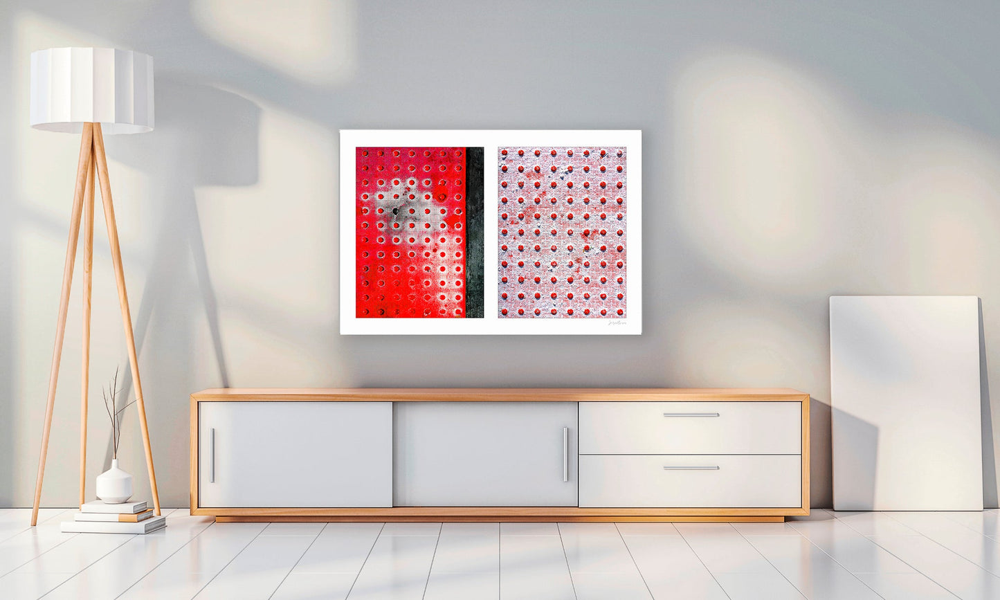 Abstract photograph diptych of red pedestrian safety dots