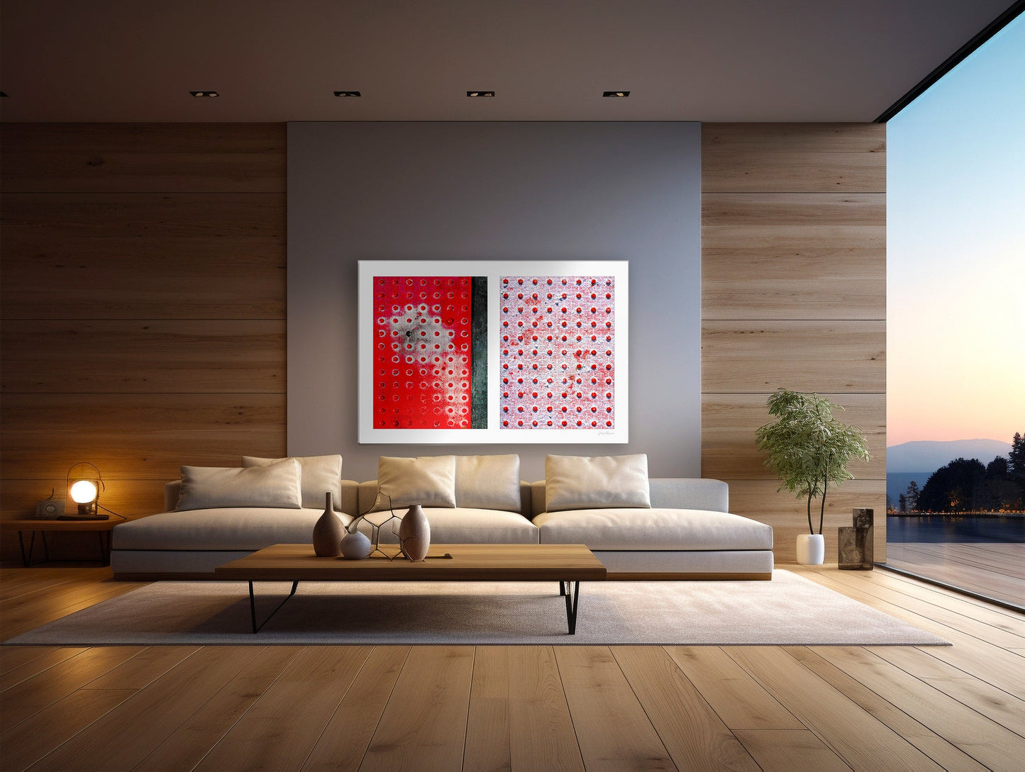 Abstract photograph diptych of red pedestrian safety dots