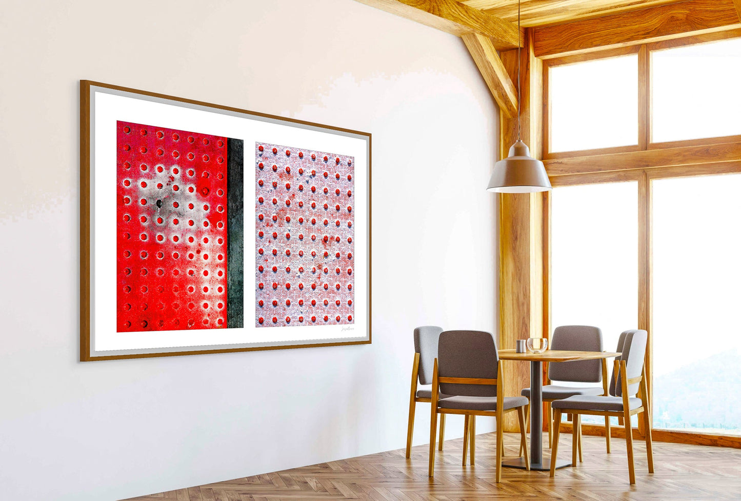 Abstract photograph diptych of red pedestrian safety dots