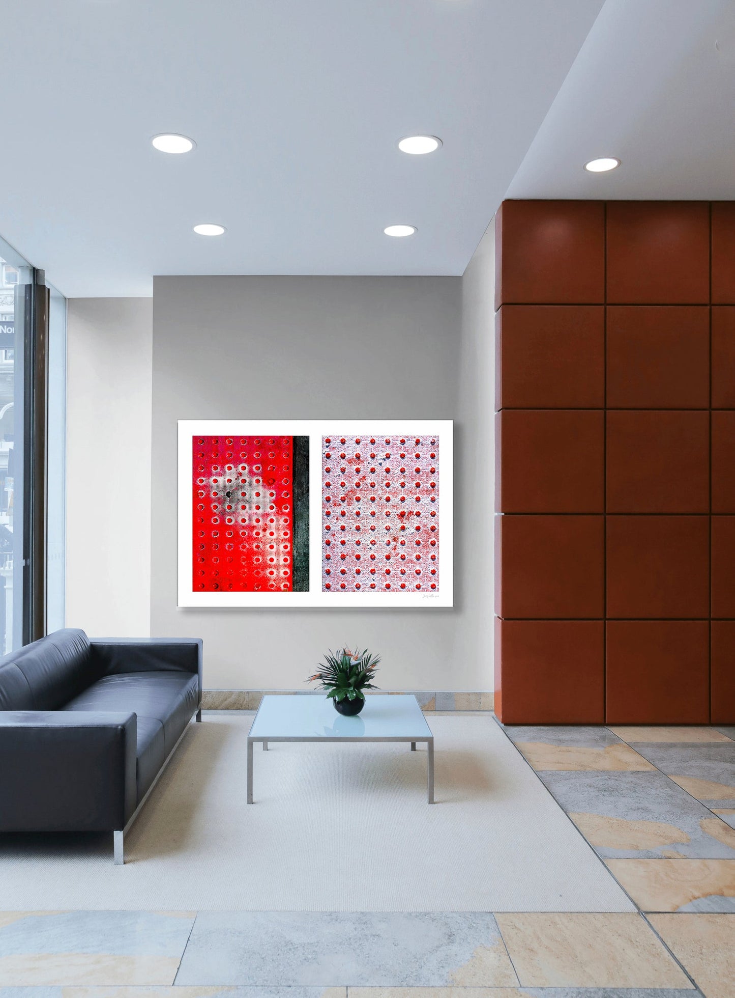 Abstract photograph diptych of red pedestrian safety dots