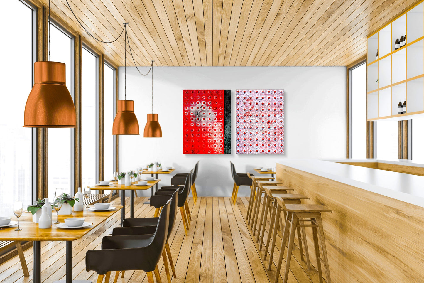 Abstract photograph diptych of red pedestrian safety dots