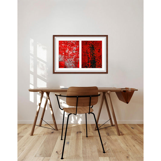 Two highly textured abstract photographs in red, black, and white on a white background.