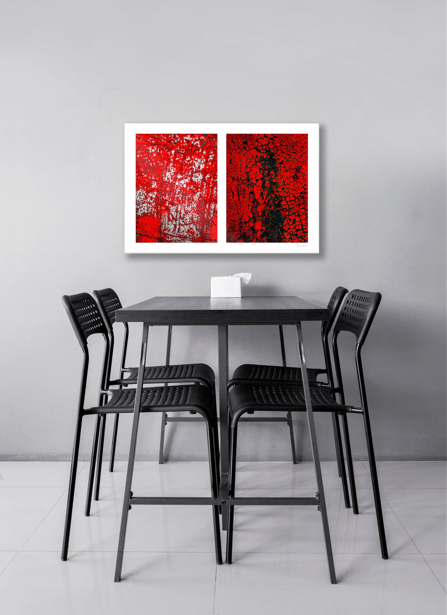 Abstract photographic diptych of highly textured surfaces in red, black, and white. Example of medium size in acrylic in a restaurant setting.