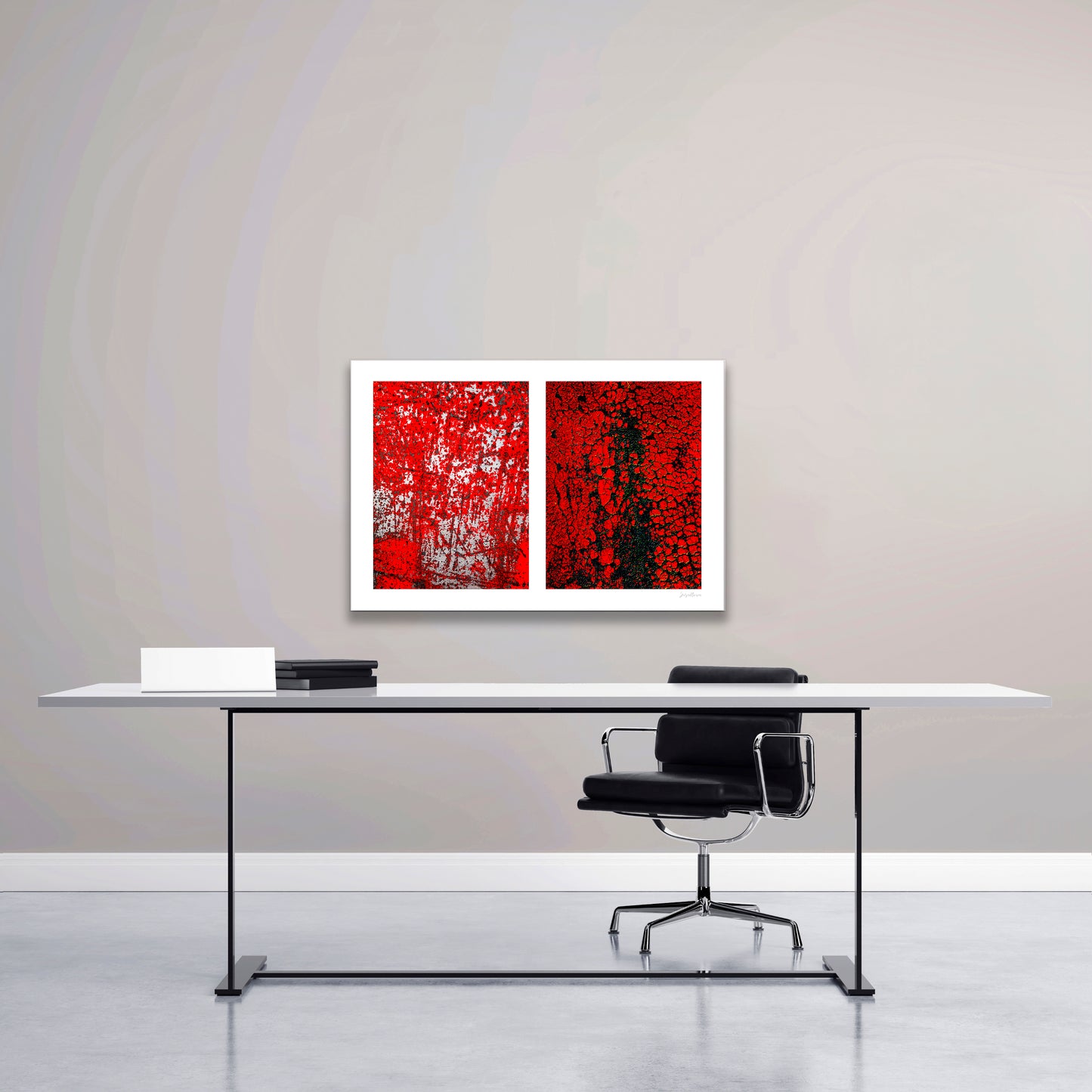 Abstract photographic diptych of highly textured surfaces in red, black, and white. Example of medium size shown in an office setting.