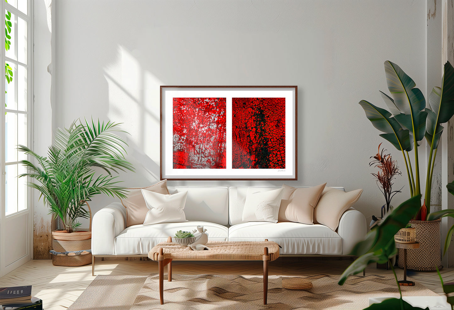 Abstract photographic diptych of highly textured surfaces in red, black, and white. Example of large size framed in walnut in a modern living room setting.