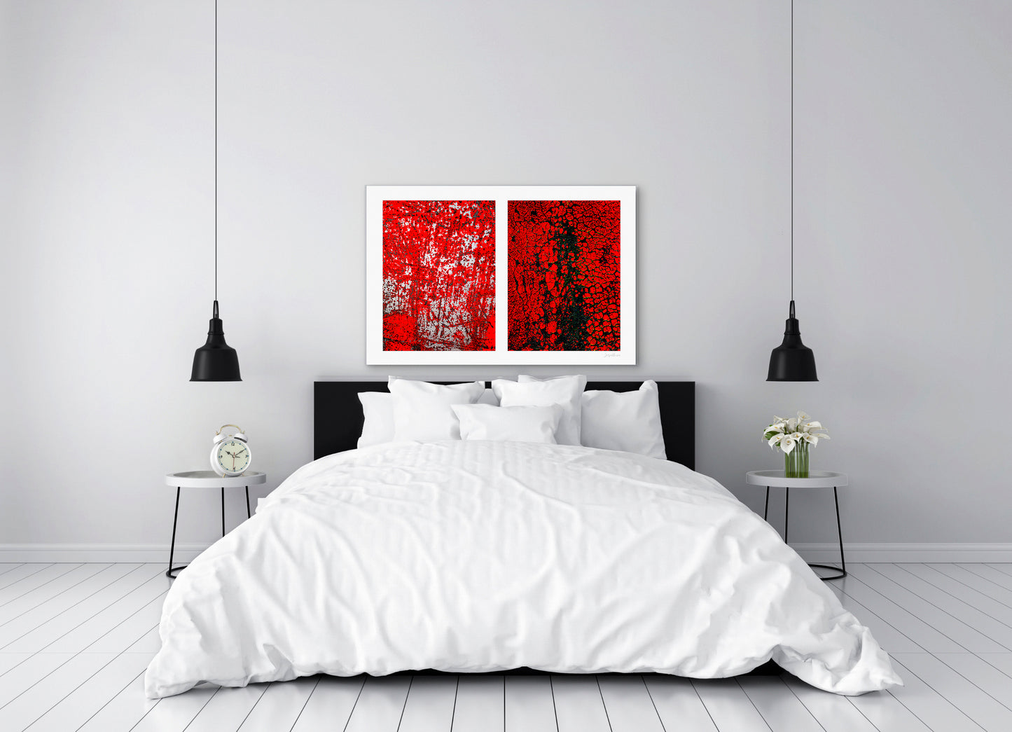 Abstract photographic diptych of highly textured surfaces in red, black, and white. Example of large size in acrylic in a modern bedroom setting.