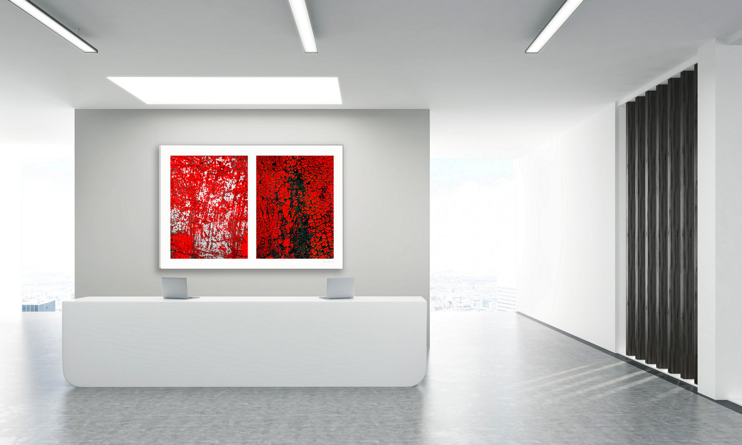 Abstract photographic diptych of highly textured surfaces in red, black, and white. Example of large size in acrylic shown in a lobby setting.