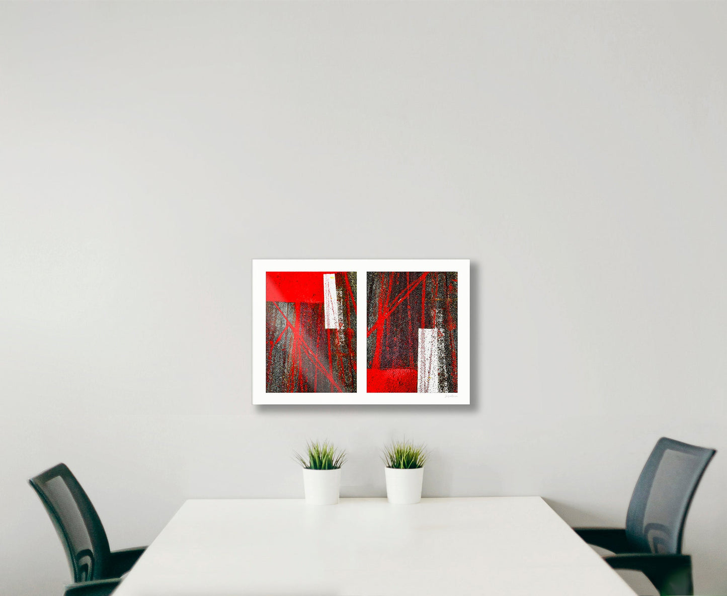 Abstract photograph diptych of red tire tracks and white lines