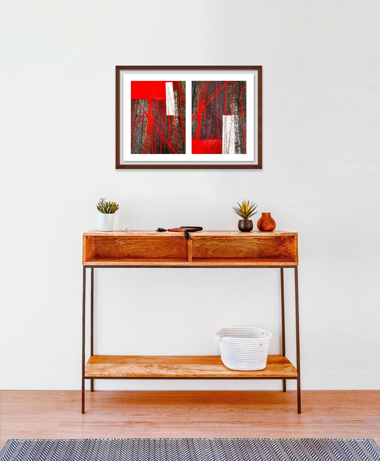 Abstract photograph diptych of red tire tracks and white lines