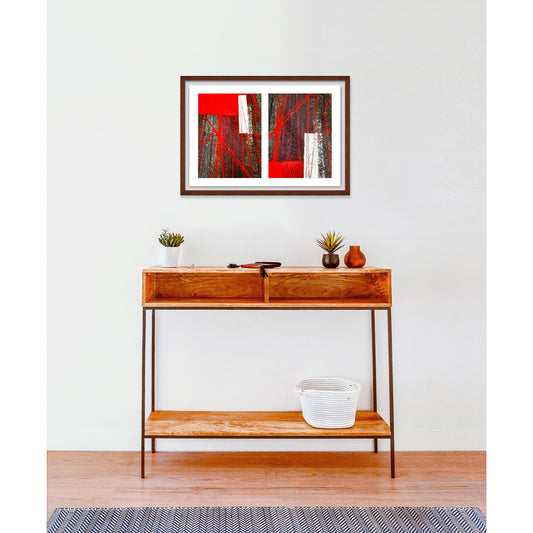 Abstract photograph diptych of red tire tracks and white lines